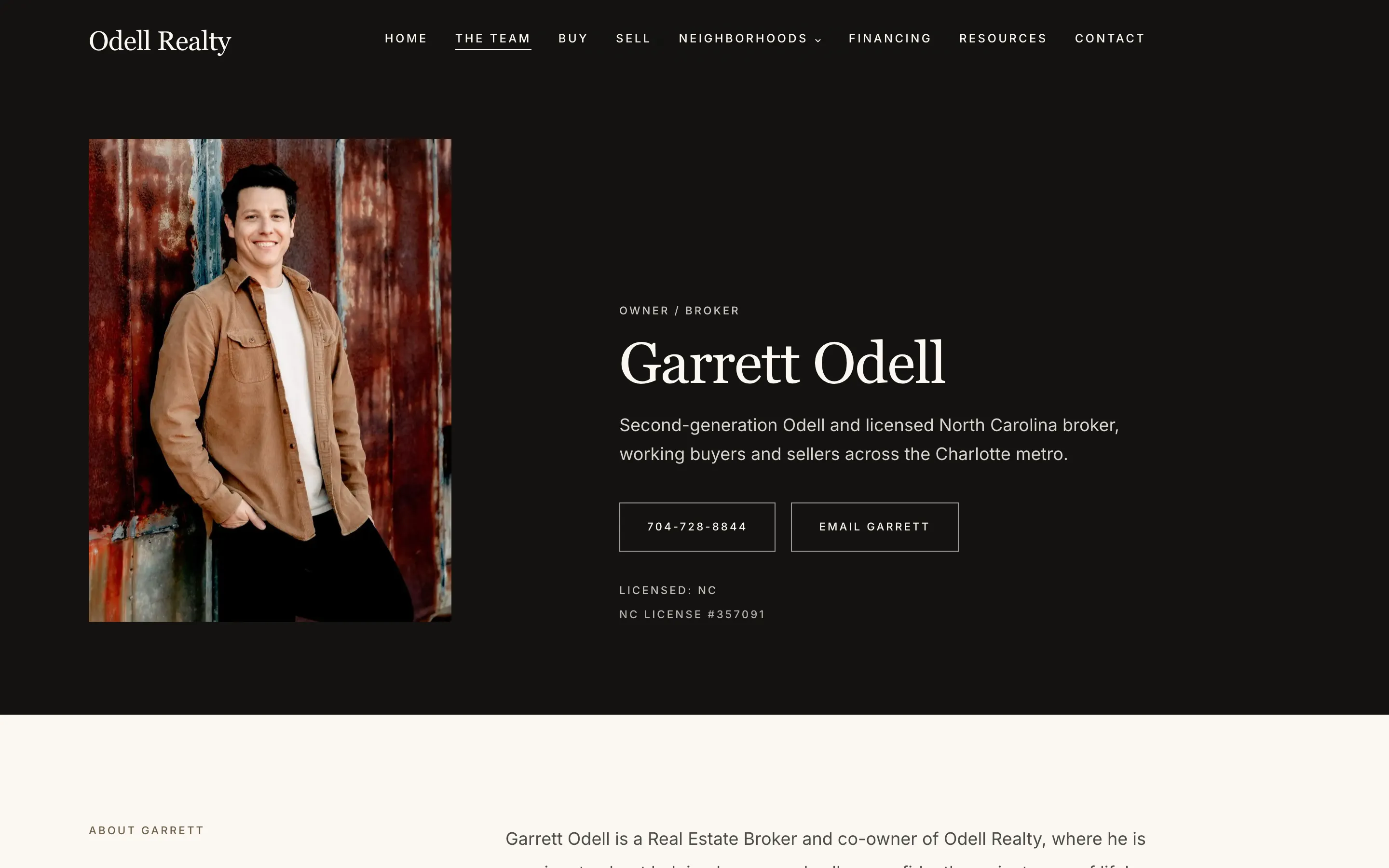 Garrett Odell's agent page: his portrait on a dark ground, his role, his North Carolina licence number, and buttons to call or email him directly.