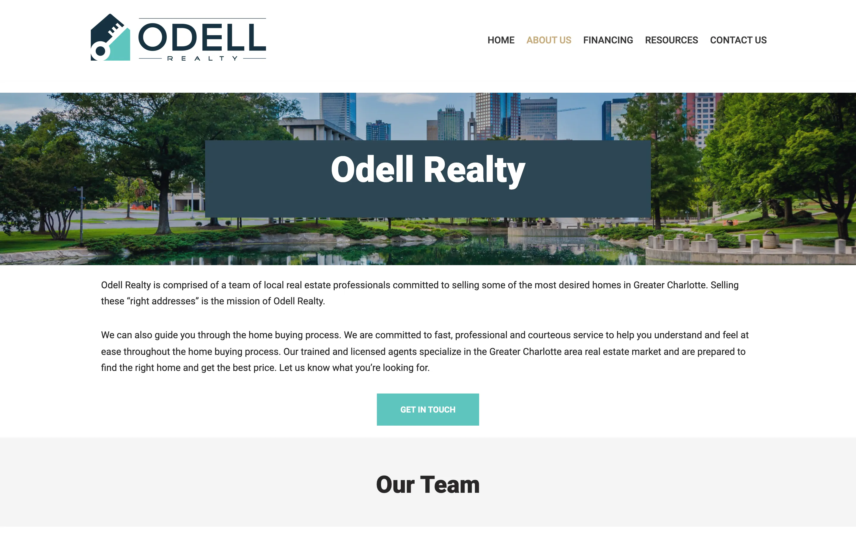 The previous Odell Realty About page: a stock park photograph with "Odell Realty" in a blue box, two paragraphs of generic copy, and a grey "Our Team" band.