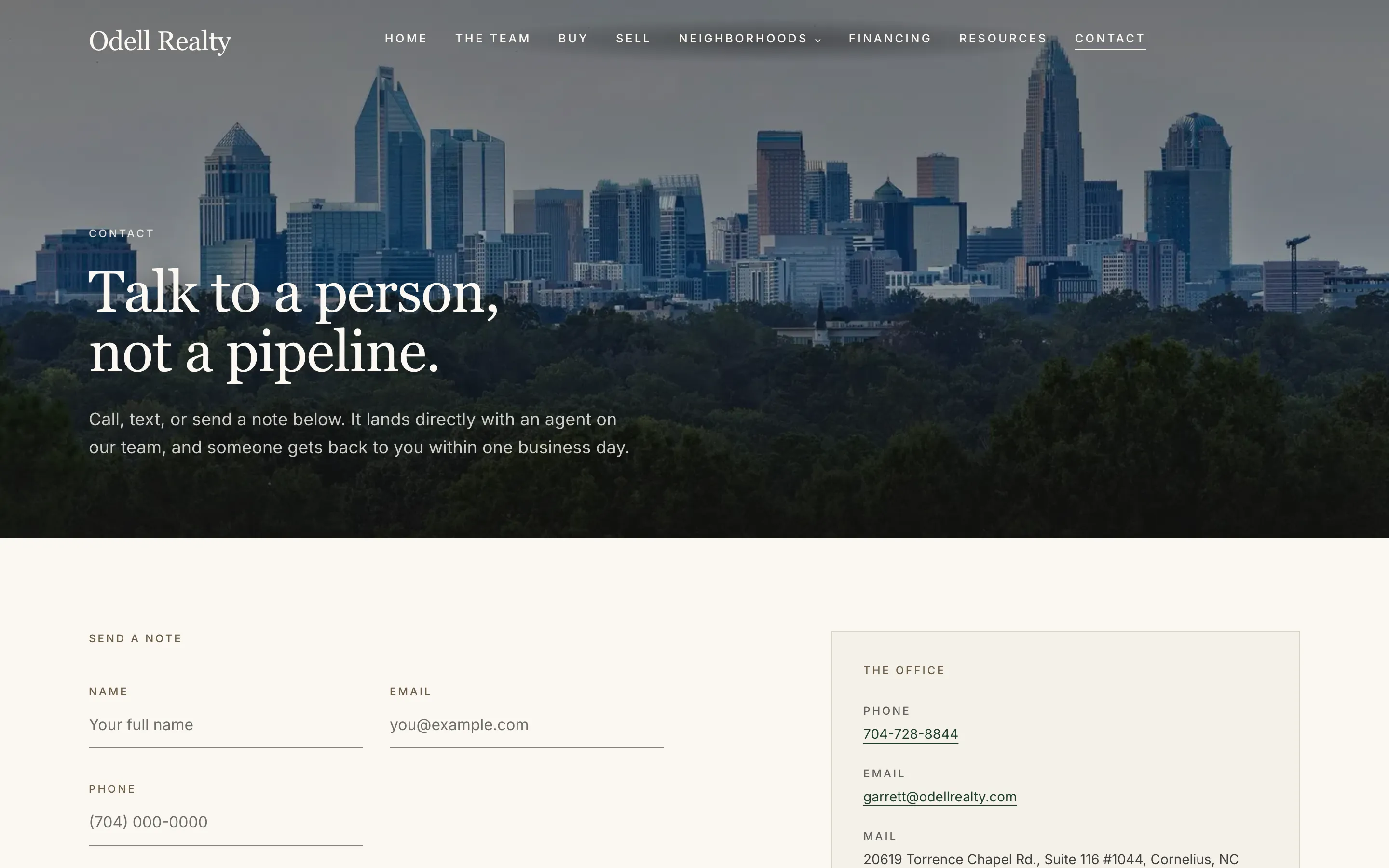 The Odell Realty contact page today, headed "Talk to a person, not a pipeline", with a short form and the office details beside it.